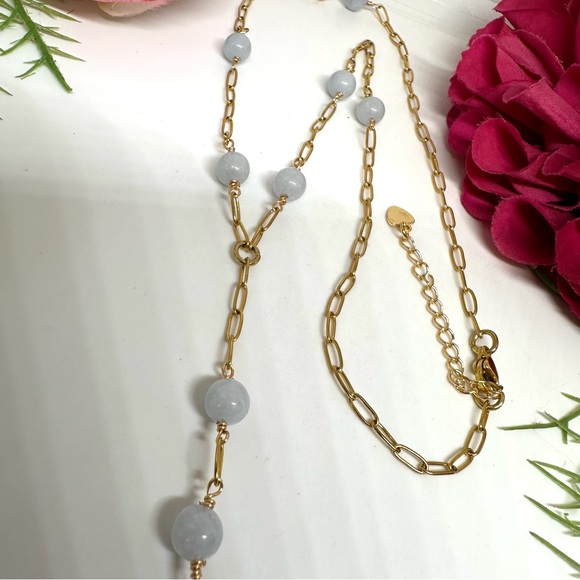 NEW⚜️Raw Aquamarine Baroque Pearl Lariat Necklace - Picture 6 of 8
